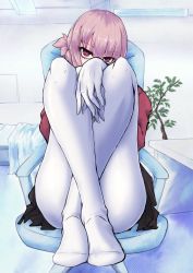 Rule 34 | 1girl, bed, bed sheet, between legs, black skirt, chair, crossed ankles, fate/grand order, fate (series), florence nightingale (fate), hair between eyes, hand between legs, highres, jacket, knees to chest, looking at viewer, office chair, pantyhose, pink hair, plant, red eyes, red jacket, skirt, solo, swivel chair, tettsui kusuru, thighs, white pantyhose