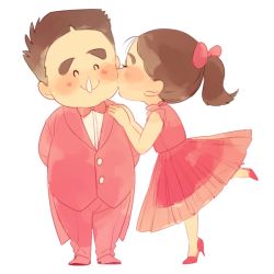 Rule 34 | 1boy, 1girl, ^ ^, arms behind back, bow, bowtie, brown hair, closed eyes, closed mouth, couple, dress, formal, fukutomi shinbei, full body, hair bow, hetero, jacket, kiss, kissing cheek, long hair, long sleeves, pants, pink bow, pink bowtie, pink dress, pink footwear, pink jacket, pink pants, ponytail, profile, rakudai ninja rantarou, runny nose, sachiko (suzume 0141), shige (nintama), shige (rakudai ninja rantarou), shoes, simple background, sleeveless, sleeveless dress, smile, snot, standing, standing on one leg, suit, traditional bowtie, white background