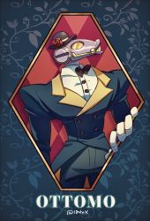 Rule 34 | 184nx, bow, bowtie, butler, character name, diamond (shape), floral background, flower (symbol), formal, gloves, gold trim, hat, no humans, non-humanoid robot, ottomo (skullgirls), red background, robot, skullgirls, solo, suit, yellow eyes
