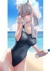 Rule 34 | 1girl, animal ear fluff, animal ears, beach, black one-piece swimsuit, blue archive, blue eyes, blue sky, breasts, cloud, competition swimsuit, covered navel, cross hair ornament, day, door, extra ears, grey hair, hair ornament, halo, highres, horizon, looking at viewer, low ponytail, meatball (mannmarunyannko), medium breasts, medium hair, mismatched pupils, multicolored clothes, multicolored swimsuit, ocean, official alternate costume, one-piece swimsuit, outdoors, shiroko (blue archive), shiroko (swimsuit) (blue archive), sky, solo, swimsuit, towel, towel around neck, wolf ears