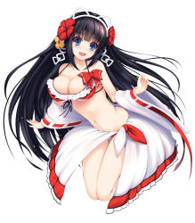 Rule 34 | 1girl, :d, bikini, black hair, blue eyes, blush, bow, breasts, bursting breasts, character request, cleavage, collarbone, detached sleeves, female focus, flower, frilled bikini, frills, full body, hair flower, hair ornament, hairband, halterneck, hibiscus, highres, japanese clothes, kneeling, labyrinth bind, large breasts, long hair, looking at viewer, migumigu, miko, mole, navel, open mouth, red bikini, ribbon-trimmed sleeves, ribbon trim, sarong, simple background, smile, solo, strap gap, swimsuit, thigh gap, very long hair, white background
