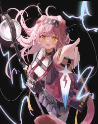 Rule 34 | 1girl, absurdres, animal ears, arknights, black background, black hairband, black skirt, blush, bracelet, cat ears, cat girl, cat tail, coat, cowboy shot, crying, crying with eyes open, electricity, goldenglow (arknights), hairband, high-waist skirt, highres, holding, holding staff, id card, infection monitor (arknights), jewelry, lightning bolt print, long hair, long sleeves, looking at viewer, open clothes, open coat, open mouth, orange eyes, outstretched arm, pink coat, pink hair, pointing, pointing at viewer, shiro wa (shiroshironix), shirt, simple background, skirt, solo, staff, tail, tears, thighhighs, white shirt, white thighhighs