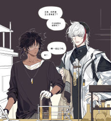 Rule 34 | 2boys, arknights, black hair, black shirt, chemistry, chinese commentary, chinese text, coat, unworn coat, commentary request, dark-skinned male, dark skin, elysium (arknights), feather hair, gloves, goggles, hand on own hip, highres, holding, holding clothes, holding coat, holding pen, holding test tube, jacket, jewelry, lower teeth only, male focus, multicolored hair, multiple boys, necklace, notice lines, paper, parted lips, pen, red hair, shirt, short sleeves, speech bubble, streaked hair, teeth, test tube, test tube rack, thorns (arknights), translated, upper body, white gloves, white hair, white jacket, white shirt, writing, xiandao1213, yellow eyes