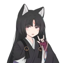 Rule 34 | 1girl, animal ears, arknights, black hair, black shirt, blush, dog ears, facial mark, fang, fingerless gloves, forehead mark, gloves, hand up, highres, japanese clothes, long hair, long sleeves, looking at viewer, m/, neko (solution1988), open mouth, purple eyes, purple gloves, saga (arknights), shirt, simple background, solo, white background, wide sleeves