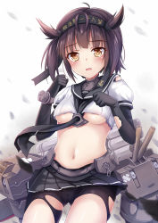 Rule 34 | 10s, 1girl, black gloves, black pantyhose, blush, breasts, brown eyes, brown hair, cameltoe, cannon, elbow gloves, gloves, hairband, hatsuzuki (kancolle), kantai collection, machinery, medium breasts, milkshakework, miniskirt, neckerchief, open mouth, pantyhose, pleated skirt, puffy short sleeves, puffy sleeves, revision, school uniform, serafuku, shirt, short hair, short sleeves, skirt, solo, thighs, torn clothes, torn pantyhose, torn shirt, two side up, underboob, upskirt