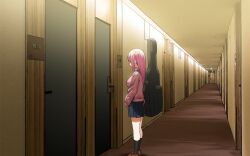 Rule 34 | 1girl, black socks, bocchi the rock!, breasts, brown footwear, commentary, gotoh hitori, guitar case, hallway, highres, instrument case, jacket, large breasts, loafers, long hair, pink hair, pink jacket, pleated skirt, shoes, skirt, sky-freedom, socks, solo, track jacket