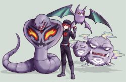 Rule 34 | 1boy, arbok, asymmetrical hair, belt, black pants, black shirt, boots, closed mouth, colored sclera, colored skin, commentary, creature, creatures (company), crobat, facial mark, fangs, floating, flying, frown, furrowed brow, game freak, gen 1 pokemon, gen 2 pokemon, gloves, green background, grey belt, grey footwear, grey gloves, holding, holding poke ball, legs apart, long sleeves, looking at viewer, male focus, nintendo, open mouth, pants, poke ball, poke ball (basic), pokemon, pokemon (creature), pokemon gsc, pokemon rgby, purple skin, red eyes, red hair, sharp teeth, shirt, short hair, signature, simple background, smoke, standing, team rocket, team rocket grunt, teeth, tongue, tongue out, turtleneck, watermark, web address, weezing, yellow sclera, zombiedaisuke