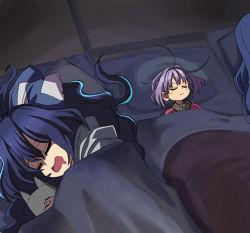 Rule 34 | 3girls, ahoge, blanket, blue bow, blue hair, bow, closed eyes, commentary request, debt, drooling, grey hoodie, hair between eyes, hair bow, hinanawi tenshi, holding, holding stuffed toy, hood, hoodie, indoors, japanese clothes, kimono, long hair, lying, multiple girls, no headwear, on back, on side, open mouth, pillow, purple hair, red kimono, short hair, sleeping, stuffed animal, stuffed cat, stuffed toy, sukuna shinmyoumaru, syope, tatami, touhou, wavy hair, yorigami shion