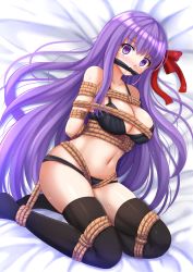 Rule 34 | 10s, 1girl, arms behind back, bb (fate), bb (fate/extra), bdsm, bed sheet, black bra, black panties, black thighhighs, blush, bondage, bound, bra, breasts, drooling, fate/extra, fate/extra ccc, fate (series), gag, gagged, hair ribbon, highres, kazenokaze, large breasts, long hair, looking at viewer, lying, navel, on side, panties, purple eyes, purple hair, red ribbon, restrained, ribbon, rope, solo, sweat, tears, thighhighs, underwear, underwear only, very long hair, wide-eyed