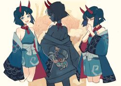 Rule 34 | 1girl, :d, absurdres, bare shoulders, black hair, blue eyes, blush, closed eyes, commentary, english commentary, flat chest, from behind, highres, horns, japanese clothes, jewelry, kimono, koi (sui (suizilla)), multiple views, necklace, oni, oni horns, open mouth, original, own hands clasped, own hands together, pointy ears, short hair, short kimono, simple background, smile, sui (suizilla)