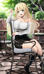 Rule 34 | 1girl, :d, alternate costume, atago (kancolle), bare shoulders, black footwear, black skirt, blonde hair, breasts, cafe, casual, green eyes, high heels, highres, kantai collection, large breasts, long hair, long sleeves, looking at viewer, off-shoulder sweater, off shoulder, on chair, open mouth, outdoors, pencil skirt, sitting, skirt, smile, solo, striped clothes, striped sweater, sweater, tree, waving, white sweater, yunamaro