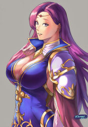 Rule 34 | 1girl, absurdres, artist name, breasts, brunnya (fire emblem), cape, cleavage, dated, fire emblem, fire emblem: the binding blade, grey background, grin, highres, large breasts, long hair, looking at viewer, nintendo, purple eyes, purple hair, sideboob, smile, solo, tempura chronos, upper body