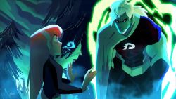 Rule 34 | 1boy, 1girl, abs, artist name, biceps, bodysuit, brown eyes, cape, dan phantom, danny phantom, facial hair, forest, glowing, glowing eyes, headband, highres, jazz phanton, krossan, long hair, looking at viewer, muscular, muscular male, nature, night, night sky, orange hair, outdoors, pectorals, pine tree, pointy ears, portal (object), shirt, signature, sky, stubble, thick arms, thick eyebrows, tight clothes, time paradox, tree, white hair, yellow eyes
