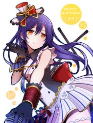 Rule 34 | 10s, 1girl, 2015, bad id, barefoot, black gloves, blue hair, buttons, cafe maid (love live!), character name, collar, costume request, cowboy shot, dated, earrings, gloves, happy birthday, hat, jewelry, kamekoya sato, long hair, looking at viewer, love live!, love live! school idol festival, love live! school idol project, microphone, mini hat, mini top hat, necktie, orange eyes, polka dot, polka dot background, simple background, sleeveless, smile, solo, sonoda umi, thighhighs, top hat, treble clef, upper body, white thighhighs, wrist cuffs