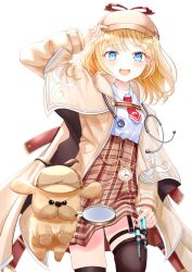 Rule 34 | 1girl, :d, beige capelet, beige coat, blonde hair, blue eyes, blurry, blush, breasts, brown hat, brown skirt, bubba (watson amelia), coat, collared shirt, commentary, cowboy shot, deerstalker, depth of field, dog, hand on headwear, hand up, hat, highres, holding, holding syringe, hololive, hololive english, looking at viewer, magnifying glass, medium hair, mustache print, necktie, open mouth, plaid, plaid skirt, pocket watch, red necktie, sakura yunuto, shirt, simple background, skindentation, skirt, small breasts, smile, solo, stethoscope, symbol-only commentary, syringe, teeth, thighhighs, upper teeth only, v-shaped eyebrows, virtual youtuber, watch, watson amelia, watson amelia (1st costume), white background, white shirt