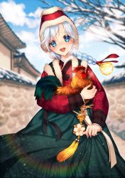 Rule 34 | 1girl, :d, animal, architecture, bare tree, bird, blush, braid, chicken, clothing request, day, east asian architecture, holding, holding animal, hsmoji, light bulb, long sleeves, looking at viewer, miu (qurare), open mouth, outdoors, qurare magic library, red headwear, rooster, smile, solo, standing, tree, white hair