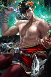 Rule 34 | 1boy, abs, ancient greek clothes, armlet, bara, bare shoulders, black hair, collarbone, greco-roman clothes, green eyes, hades (series), hades 1, heterochromia, laurel crown, male focus, medium hair, muscular, nipples, over shoulder, pectorals, red eyes, sakimichan, skull, smile, solo, spiked hair, weapon, weapon over shoulder, zagreus (hades)