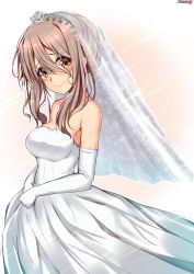Rule 34 | 1girl, alternate costume, alternate hairstyle, bare shoulders, blush, breasts, bridal veil, brown eyes, closed mouth, dress, elbow gloves, gloves, grey hair, hair between eyes, head tilt, highres, kantai collection, light rays, long hair, looking at viewer, medium breasts, pola (kancolle), sazamiso rx, sidelocks, signature, simple background, smile, solo, tearing up, tears, tiara, veil, wavy hair, wedding dress, white dress, white gloves