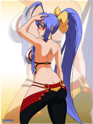 Rule 34 | 1girl, antenna hair, arc system works, ass, bare shoulders, blazblue, blazblue: central fiction, blue hair, blush, bow, breasts, butt crack, embarrassed, from behind, hair bow, halterneck, large breasts, layerth, long hair, looking at viewer, looking back, mai natsume, pants, ponytail, purple eyes, sideboob, skin tight, smile, solo, very long hair