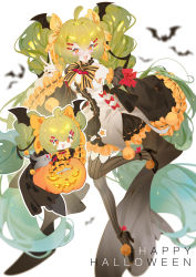 Rule 34 | 2girls, :3, absurdres, ahoge, alternate hairstyle, bat (animal), black sleeves, bow, bowtie, chibi, chibi inset, commentary, detached sleeves, dress, english commentary, english text, green hair, halloween, halloween costume, happy halloween, hatsune miku, highres, indai (3330425), jack-o&#039;-lantern, multiple girls, simple background, sleeveless, sleeveless dress, star (symbol), striped bow, striped bowtie, striped clothes, striped thighhighs, thighhighs, twintails, vertical-striped clothes, vertical-striped thighhighs, vocaloid, white background