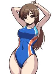 Rule 34 | 1girl, armpits, arms up, blue one-piece swimsuit, breasts, brown eyes, brown hair, competition swimsuit, covered navel, cowboy shot, idolmaster, idolmaster cinderella girls, large breasts, long hair, multicolored clothes, multicolored swimsuit, nitta minami, official alternate costume, one-piece swimsuit, pataneet, simple background, solo, standing, swimsuit, thighs, white background