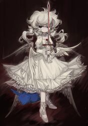 Rule 34 | 1girl, absurdres, black eyes, blue fur, bow, brown background, closed mouth, creature, dot nose, dress, flower, flower brooch, hair bow, high heels, highres, holding, holding sword, holding weapon, layered dress, long hair, long sleeves, looking at viewer, low wings, meyou 0319, multiple hair bows, multiple wings, original, pale skin, pet, red eyes, rose, shoes, solo focus, sword, twintails, weapon, white bow, white dress, white footwear, white hair, white wings, wings