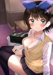 Rule 34 | 1girl, absurdres, bed, black hair, black skirt, black thighhighs, blue bow, blush, bow, breasts, cleavage, closed mouth, collarbone, collared shirt, desk, door, downblouse, dress shirt, green eyes, hair bow, hairband, hand on own thigh, highres, indoors, kanojo okarishimasu, large breasts, legs together, long sleeves, looking at viewer, medium breasts, miniskirt, no bra, on bed, open clothes, open shirt, pleated skirt, sarashina ruka, shiny skin, shirt, short hair, sitting, skirt, solo, thighhighs, thighs, toratora (nanahaba), vest, white shirt, wings