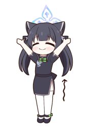 Rule 34 | 1girl, achilles (yosshyachillesd), animal ear fluff, animal ears, arms up, arrow (symbol), black dress, black footwear, black hair, blue archive, china dress, chinese clothes, closed eyes, commentary, dress, full body, halo, light blush, long hair, print dress, short sleeves, shun (blue archive), shun (small) (blue archive), side slit, smile, solo, standing, stretching, thighhighs, tiger ears, twintails, white background, white thighhighs