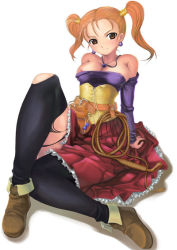 Rule 34 | 1girl, breasts, corset, dragon quest, dragon quest viii, dress, jessica albert, mikazuki akira!, nipple slip, nipples, purple shirt, red hair, shirt, skirt, small breasts, solo, square enix, strapless, strapless dress, thighhighs, trimoon, twintails, whip