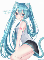 Rule 34 | 1girl, absurdres, animal ear fluff, animal ears, aqua eyes, aqua hair, bare shoulders, blush, breasts, cat day, cat ears, cat girl, cat tail, cowboy shot, dot nose, eyelashes, from side, hair between eyes, hatsune miku, highres, long hair, looking at viewer, miniskirt, noneon319, number tattoo, open mouth, paw print, pleated skirt, shiny skin, shirt, sidelocks, simple background, sitting, skirt, sleeveless, small breasts, smile, solo, tail, tattoo, thighs, twintails, twitter username, two-tone skirt, vocaloid, white background