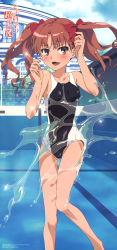 Rule 34 | 10s, 1girl, 2011, absurdres, bare legs, bare shoulders, blush, bow, breasts, brown eyes, brown hair, cleaned, cloud, collarbone, competition swimsuit, day, dengeki g&#039;s, feet out of frame, hair bow, hair ornament, highres, hiyamizu yukie, legs, long hair, long image, long legs, non-web source, official art, one-piece swimsuit, open mouth, outdoors, pool, red bow, scan, school swimsuit, shirai kuroko, sky, small breasts, smile, solo, splashing, stick poster, swimsuit, tall image, toaru kagaku no railgun, toaru majutsu no index, tokiwadai school swimsuit, twintails, water, wet