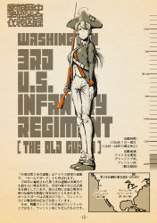 Rule 34 | 1girl, ahoge, alternate costume, bayonet, bicorne, breasts, character name, choufu shimin, full body, gun, hat, holding, holding gun, holding weapon, kantai collection, large breasts, long hair, long sleeves, map, military, military uniform, musket, pants, silver hair, solo, standing, translation request, uniform, washington (kancolle), weapon