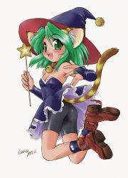 Rule 34 | animal ears, bike shorts, cat ears, cat tail, collar, ebifly, green hair, hat, solo, tail, wand, witch hat
