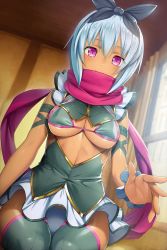 Rule 34 | 1girl, blue panties, bow, breasts, center opening, cleavage cutout, closed mouth, clothing cutout, dress, green thighhighs, grey thighhighs, hair bow, hair ribbon, hand up, indoors, irma (queen&#039;s blade), irma (queen&#039;s blade unlimited), looking at viewer, medium breasts, official art, on floor, panties, pink eyes, queen&#039;s blade, queen&#039;s blade unlimited, queen&#039;s blade white triangle, ribbon, scarf, short dress, short hair, silver hair, sitting, skindentation, smile, solo, tan, thighhighs, underboob, underwear, window