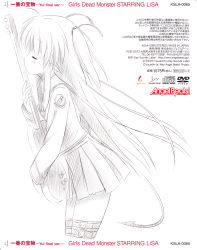 Rule 34 | absurdres, angel beats!, cd (source), copyright name, cowboy shot, demon tail, from side, greyscale, guitar, hair ribbon, hatching (texture), highres, holding, holding instrument, instrument, leaning forward, linear hatching, monochrome, object kiss, official art, ribbon, scan, school uniform, serafuku, skirt, solo, tail, thigh strap, thighhighs, two side up, yui (angel beats!), zettai ryouiki