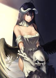 Rule 34 | 1girl, ahoge, ainz ooal gown, albedo (overlord), bed sheet, black hair, black wings, breasts, cleavage, closed mouth, detached collar, dress, elbow gloves, feathered wings, gloves, highres, hip vent, horns, large breasts, long hair, looking down, overlord (maruyama), rausu (undeadmachine), sitting, skull, sleeveless, sleeveless dress, slit pupils, smile, solo, very long hair, white dress, white gloves, wings, yellow eyes