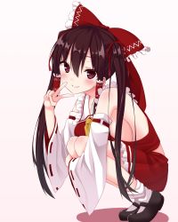Rule 34 | 1girl, alternate hairstyle, ascot, bare shoulders, black hair, blush, bow, breasts, detached sleeves, fuji yoshida, full body, hair bow, hair tubes, hakurei reimu, highres, hugging own legs, japanese clothes, knees to chest, long hair, mary janes, medium breasts, miko, purple eyes, ribbon-trimmed sleeves, ribbon trim, shoes, sideboob, skirt, skirt set, smile, socks, solo, squatting, tiptoes, touhou, twintails, v, white socks, wide sleeves