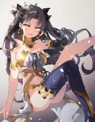 Rule 34 | 1girl, armlet, bare shoulders, black hair, black ribbon, black thighhighs, breasts, chibirisu, cleavage, clothing cutout, commentary request, crown, detached sleeves, earrings, fate/grand order, fate (series), floating hair, gradient background, hair ribbon, hand in own hair, highres, hoop earrings, ishtar (fate), jewelry, leg up, long hair, medium breasts, navel, navel cutout, parted lips, ribbon, sideboob, single sleeve, single thighhigh, sitting, solo, thighhighs, tohsaka rin, two side up, very long hair, yellow eyes