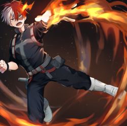 Rule 34 | 1boy, blue eyes, boku no hero academia, boots, burn scar, fire, grey eyes, hand up, heterochromia, highres, jumpsuit, male focus, miyanami 3, multicolored hair, open mouth, pyrokinesis, red hair, scar, scar on face, solo, todoroki shouto, two-tone hair, white hair
