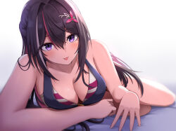 Rule 34 | 1girl, absurdres, azki (hololive), bare shoulders, black hair, blush, breasts, cleavage, collarbone, colored inner hair, hair between eyes, hair ornament, highres, hololive, hololive summer 2023 swimsuit, long hair, looking at viewer, medium breasts, micon, multicolored hair, pink hair, purple eyes, solo, streaked hair, thighs, tongue, tongue out, virtual youtuber, white hair