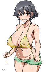 Rule 34 | 1girl, absurdres, areola slip, bikini, black hair, braid, breasts, brown eyes, covered erect nipples, girls und panzer, highres, huge breasts, large areolae, looking at viewer, navel, pepperoni (girls und panzer), short hair, simple background, smile, solo, swimsuit, tavor (m tavor), white background, yellow bikini