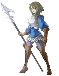 Rule 34 | 1girl, absurdres, armor, blue dress, blue eyes, boots, breastplate, brown footwear, brown gloves, chloe (unicorn overlord), commentary request, dress, full body, gloves, grey pantyhose, hair between eyes, highres, holding, holding polearm, holding weapon, long hair, long sleeves, looking at viewer, pantyhose, polearm, simple background, smile, solo, spear, tetena18, unicorn overlord, weapon, white background