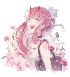 Rule 34 | 10s, 1girl, atianshi, bag, bag charm, bare arms, bare shoulders, bow, character charm, character doll, charm (object), choker, closed eyes, darling in the franxx, dress, floral background, flower, hair bow, hair ribbon, hiro (darling in the franxx), horns, long hair, open mouth, pink hair, ponytail, red horns, ribbon, sleeveless, sleeveless dress, solo, striped ribbon, sundress, zero two (darling in the franxx)