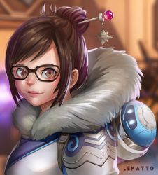 Rule 34 | 1girl, absurdres, artist name, beads, black-framed eyewear, brown eyes, brown hair, canister, closed mouth, coat, drone, eyelashes, from side, fur-trimmed jacket, fur coat, fur collar, fur trim, glasses, hair bun, hair ornament, hair stick, highres, jacket, lekatto, lips, looking at viewer, mei (overwatch), overwatch, overwatch 1, parka, pink lips, robot, short hair, sidelocks, single hair bun, smile, snowball (overwatch), snowflake hair ornament, solo, swept bangs, upper body, winter clothes, winter coat