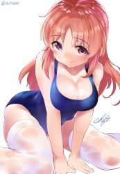 Rule 34 | 10s, 1girl, abe nana, blue one-piece swimsuit, breasts, cleavage, full body, idolmaster, idolmaster cinderella girls, long hair, one-piece swimsuit, orange hair, purple eyes, school swimsuit, shift (waage), signature, sitting, solo, swimsuit, thighhighs, twitter username, wariza, white background, white thighhighs