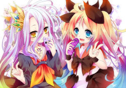 Rule 34 | 10s, 1boy, 2girls, :&lt;, :d, blonde hair, blue eyes, cellphone, creator connection, crossover, gradient hair, greed packet unlimited, hair between eyes, hair ornament, hair ribbon, highres, holding, kyouda suzuka, long hair, looking at viewer, multicolored hair, multiple girls, no game no life, nokia, open mouth, phone, purple hair, ribbon, school uniform, serafuku, shiro (no game no life), smile, trap, twintails, v, wristband, yellow eyes