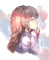 Rule 34 | 1girl, blue eyes, braid, brown hair, cloud, expressionless, from side, hair behind ear, hand on own chin, long hair, looking up, original, purple sweater, shijohane, sketch, sleeves past wrists, solo, sweater
