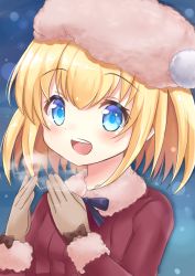 Rule 34 | 1girl, :d, blonde hair, blue background, blue eyes, blush, breathing on hands, brown gloves, coat, commentary request, fur-trimmed sleeves, fur collar, fur trim, gloves, hair between eyes, hat, highres, long sleeves, looking at viewer, marl (shironeko project), open mouth, pink hat, red coat, shironeko project, smile, snowing, solo, sunameri (pixiv3564245), teeth, upper teeth only