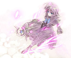 Rule 34 | 1girl, blue bow, blue bowtie, bow, bowtie, electricity, full body, luciferion, lyrical nanoha, mahou shoujo lyrical nanoha, mahou shoujo lyrical nanoha a&#039;s, mahou shoujo lyrical nanoha a&#039;s portable: the battle of aces, stern the destructor, short hair, simple background, solo, staff, takana (nanao), uniform, wand, white background