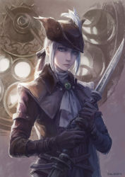 Rule 34 | 1girl, ascot, bloodborne, from software, gloves, hat, hat feather, highres, jacket, jlien-, lady maria of the astral clocktower, looking at viewer, ponytail, solo, sword, the old hunters, tricorne, upper body, weapon, white eyes, white hair